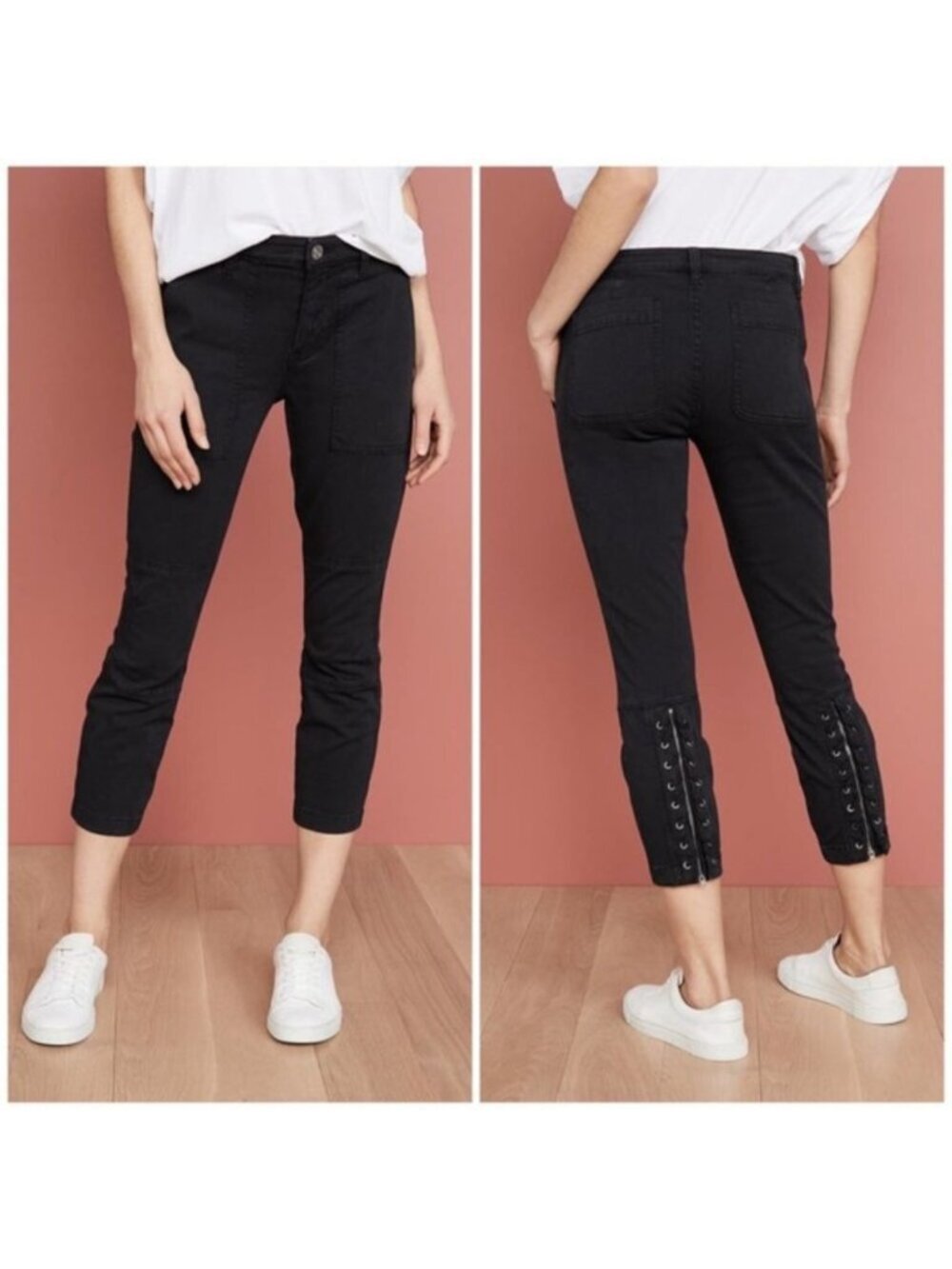 Current/Elliott The Weslan Lace-Up Cargo Pants Black Cropped Size 30 Twill